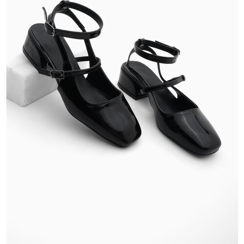 Marjin Women's Flat Toe Open Back Classic Heeled Shoes Hanse Black Patent Leather Slike