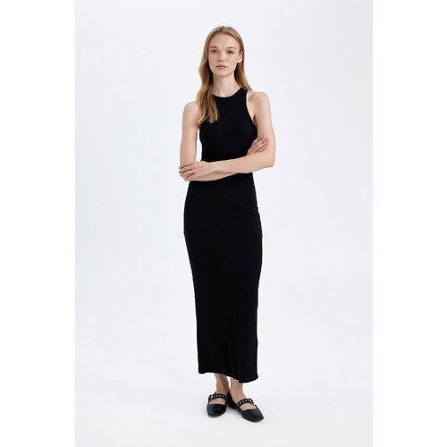 Defacto Bodycon Halter Neck Basic Plain Ribbed Camisole Sleeveless Maxi Black Dress Slike