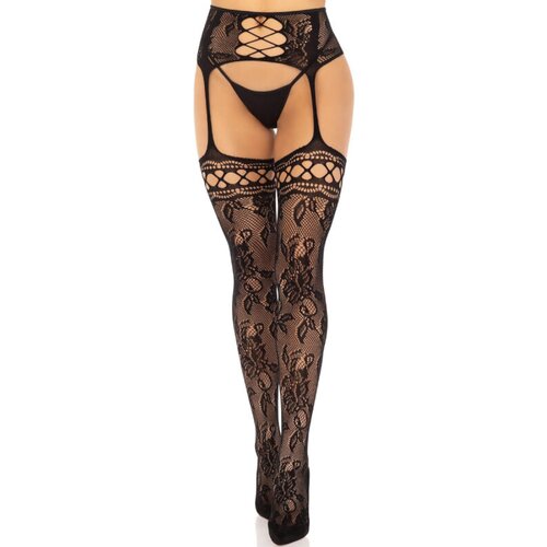 LEG AVENUE HOSIERY LEG AVENUE - FLORAL LACE GARTER STOCKINGS BLACK Cene