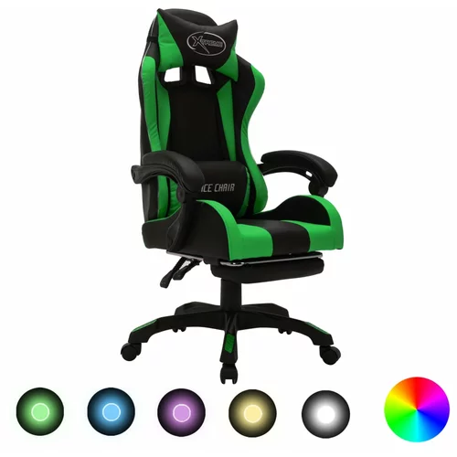 vidaXL Racing stol z RGB LED lučkami zeleno in črno umetno usnje