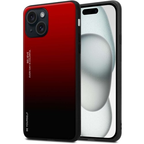 Cadorabo Ohi&amp;scaron;je je združljivo z Apple iPhone 15 PLUS in rdeča - črna - Dvobarvni za&amp;scaron;čitni pokrov iz silikona TPU in hrbtna stran iz kaljenega stekla, (20860224) Slike
