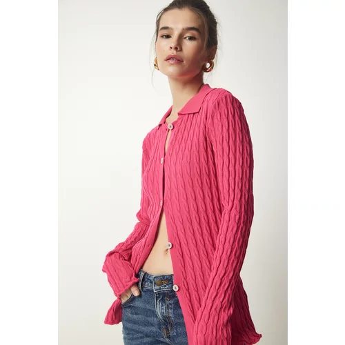 Happiness İstanbul Women's Pink Polo Collar Knitted Sweater Cardigan