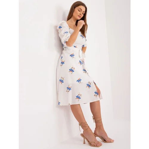 Fashion Hunters Ecru-Blue Floral Dress with Slit