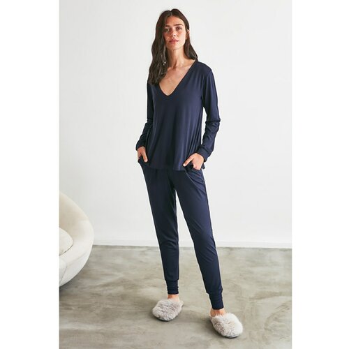 Trendyol Navy Blue V Neck Knitted Pajamas Set Slike