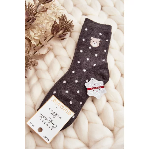 Kesi Women's insulated socks with polka dots and teddy bears, dark grey
