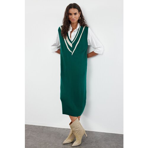 Trendyol Emerald Green Mini Knitwear Color Block Dress Slike