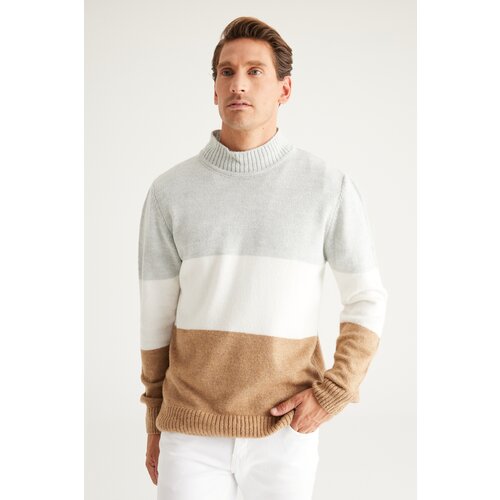 AC&Co / Altınyıldız Classics Men's Grey-camel Standard Fit Regular Cut Half Turtleneck Striped Knitwear Sweater. Cene