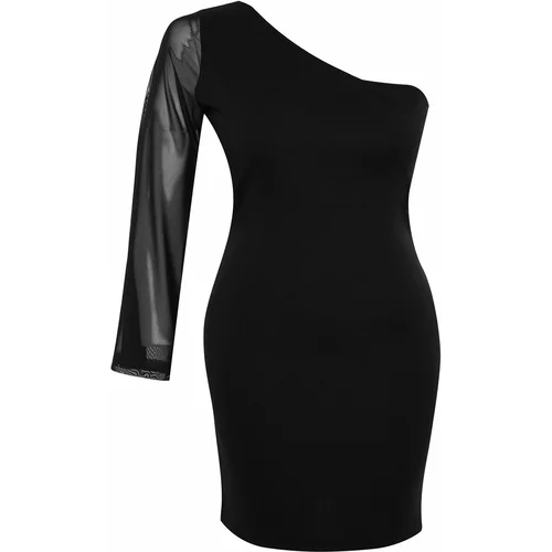Trendyol Curve Black One-Shoulder Mesh Detailed Mini Knitted Dress