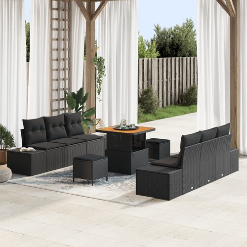 vidaXL 9-delni vrtni sofa set z blazinami Črna poli ratan akacija., 2-sedežni vrtni sofa z shrambo in blazinami Črna poli ratan., 3-delni vrtni jedilni set z blazinami Črna poli ratan akacija. Cene