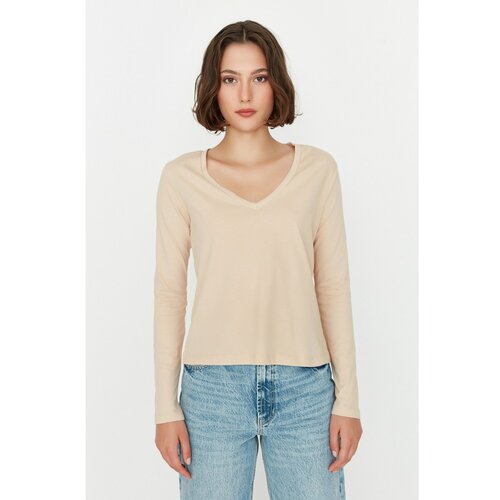 Trendyol Brown-Beige 2-Pack Long Sleeve V-Neck Basic Knitted T-Shirt Cene
