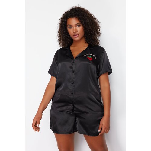 Trendyol Curve Black Strawberry Embroidered Shirt Collar Satin Pajama Set Slike