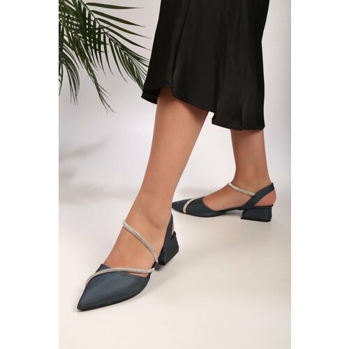 Shoeberry Women's Tue Navy Blue Satin Stone Heeled Shoes Slike