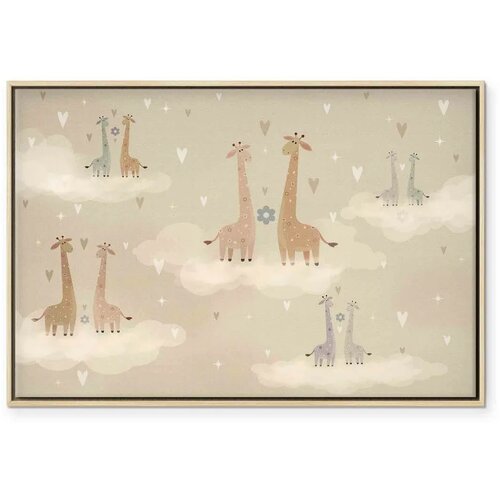  Slika - Love - Colorful Giraffes Floating on Clouds Among Hearts and Stars 60x40 U prirodnom drvenom okviru Slike