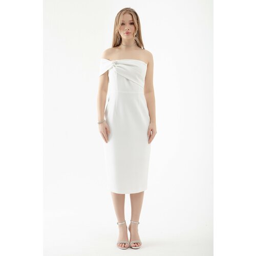 Lafaba Women's White Double Bandage One-Shoulder Midi Evening Dress Cene