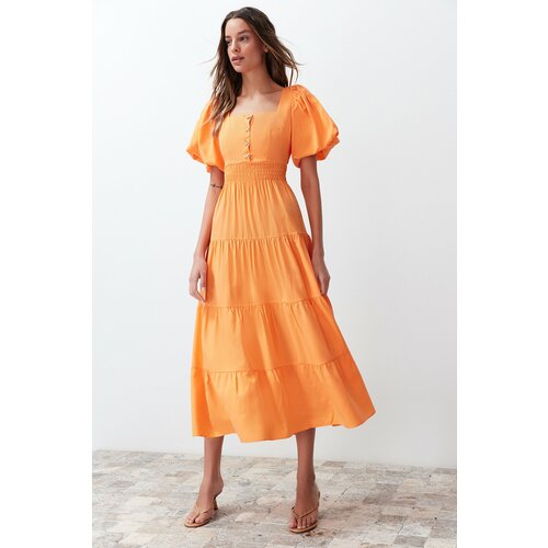 Trendyol Orange Waist Opening Gipe and Back Detailed Square Collar Woven Dress Slike