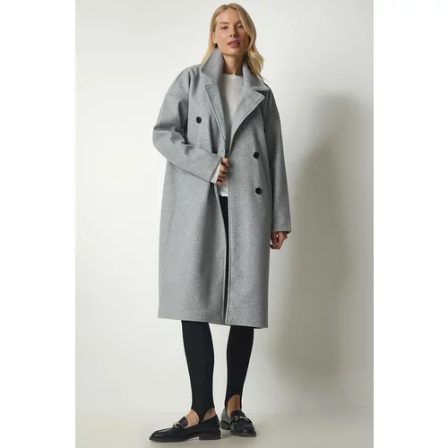 Happiness İstanbul Women's Gray Double Breasted Collar Oversized Cachet Coat