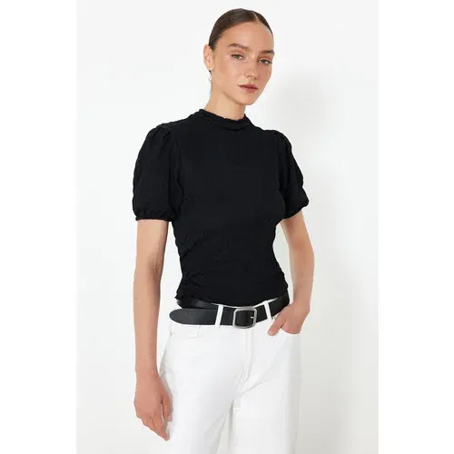 Trendyol Black Premium Textured Crop Stand Collar Flexible Balloon Sleeve Knitted Blouse