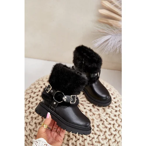 FR1 Eco Leather Girls Boots With Fur And Buckles Black Cartemes