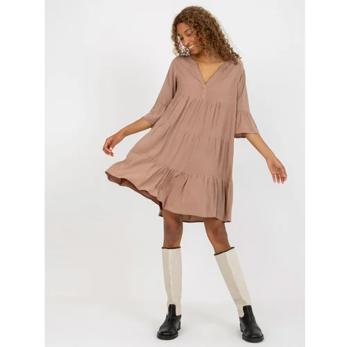 Fashion Hunters Light brown dress with a frill and V-neck SUBLEVEL
