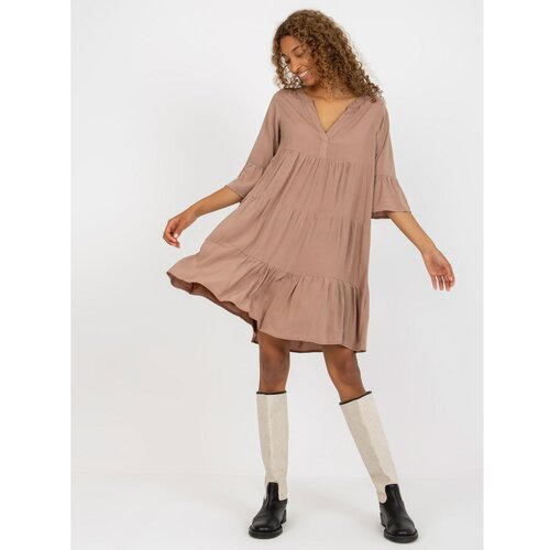 Fashion Hunters Light brown dress with a frill and V-neck SUBLEVEL Slike