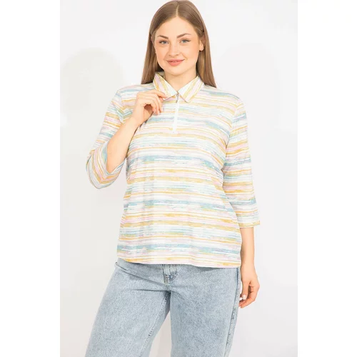 Şans Women's Colorful Plus Size Cotton Fabric Front Pat Zipper Colored Blouse
