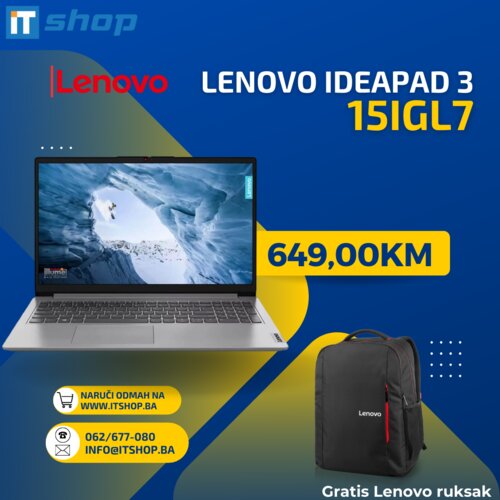 Lenovo IdeaPad 1 15IGL7, Celeron, 8GB, 256GB + RUKSAK GRATIS Cijene