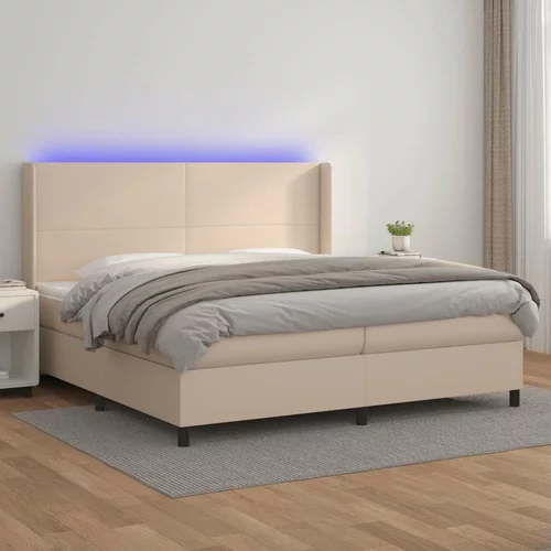  Box spring postelja vzmetnico LED kapučino 200x200 cm um. usnje