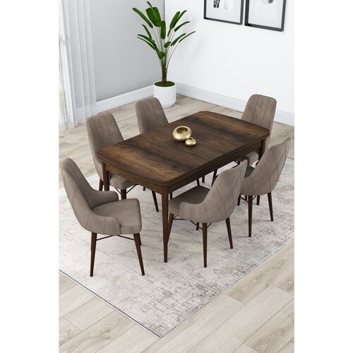 Hanah home trpezarijski set Lia, sto na razvlačenje i 6 stolica, ploča u dekoru drveta Baroque, kapućino tkanina Babyface Cene