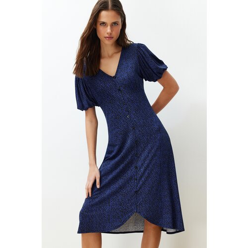 Trendyol navy blue balloon sleeve printed midi stretchy knitted midi dress Cene