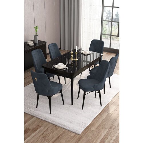 Hanah home Are - Black Marble, Anthracite Black MarbleAnthracite Extendable Dining Table & Chairs Set (7 Pieces) Cene