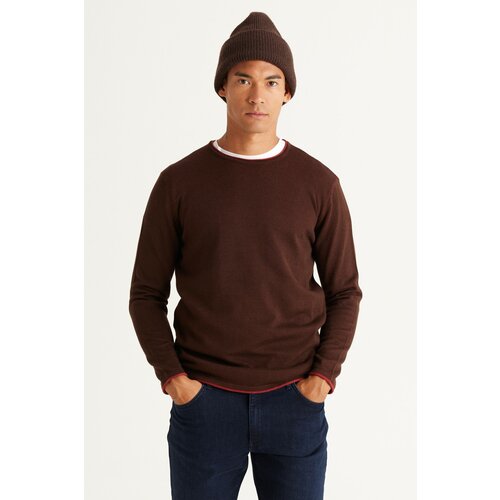 AC&Co / Altınyıldız Classics Men's BROWN CORAL Standard Fit Regular Fit Crew Neck Cotton Knitwear Sweater Cene