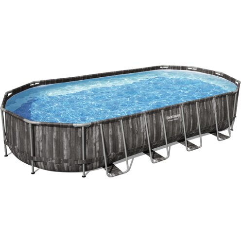 Bestway Montažni bazen Power Steel Swim Oval (732 x 366 x 122 cm, 25 495 l, kartu&amp;scaron;na filtrska črpalka: 9463 l/h, videz lesa) Slike