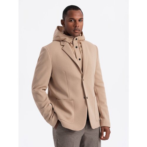 Ombre Men's jacket with high collar and hood - light brown Cene