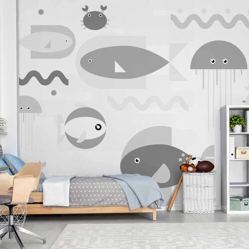  Foto tapeta - Minimalist grey ocean - geometric fish in water for children 500x350 Vodootporna Slike