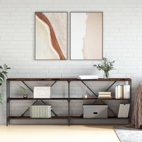 vidaXL Konzolna mizica dimljen hrast 200x30x75 cm inž. les in železo Cene