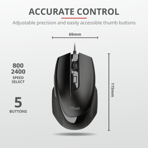 Trust Voca Comfortable mi&scaron; žičani, easy-to-use, crni,800-2400 DPI, optički, 6 tipki, usb 2.0 Cijene