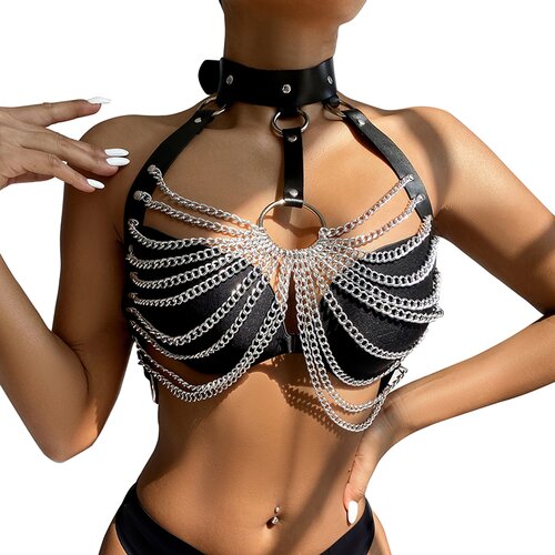 SuperLove Leather Chest Harness with Big Ring Chains Black Slike