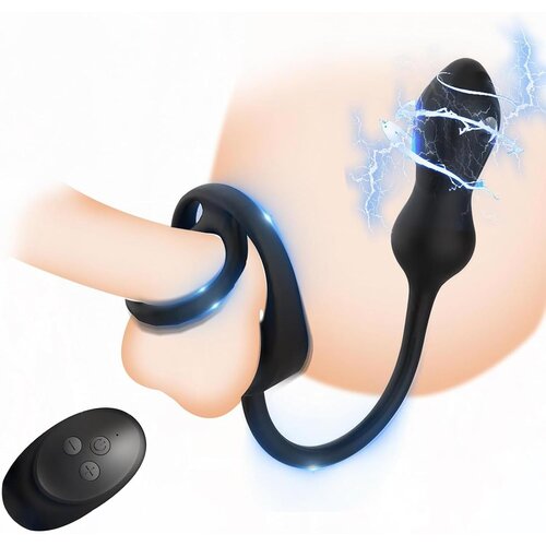 SuperLove E-Stim Dual Cock Ring &amp;amp; Prostate Massager with Remote Black Slike