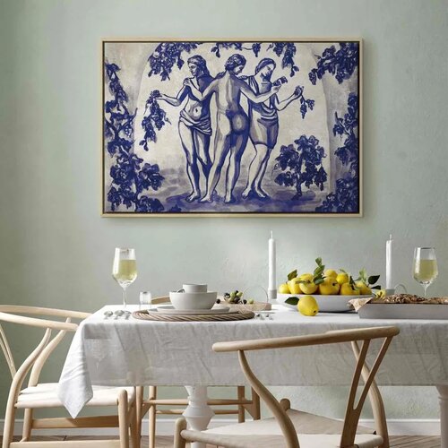  Slika - Ancient vineyard - three women in a portal painted with blue ink 60x40 U prirodnom drvenom okviru Slike