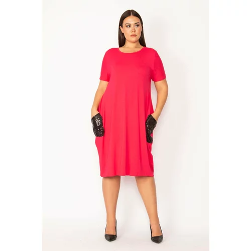 Şans Women's Plus Size Fuchsia Pocket Sequin Detail Viscose Dress