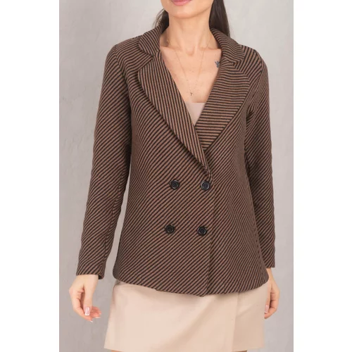armonika Women's Light Brown Striped Patterned Four Button Cachet Jacket