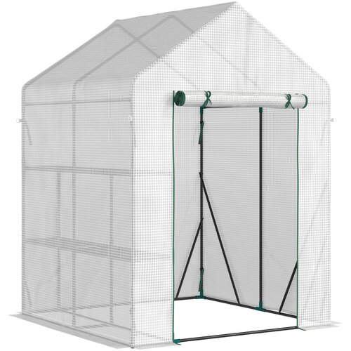 Outsunny jekleni vrtni rastlinjak s PE pokrovom, rastlinjak za rastline z 2 policama in dvižnimi vrati, 143x143x195cm, bela barva, (20747904) Slike