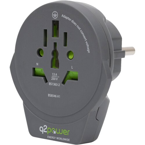 Q2power adapter world to europe usb, putni, univerzalni sa usb-om, sivi Slike