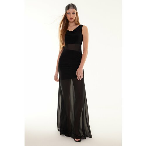 Trendyol Black Transparent Detailed Tulle Long Elegant Evening Dress Slike