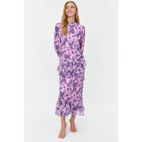Trendyol Lilac Floral Skirt Frilly Lined Woven Chiffon Dress Slike