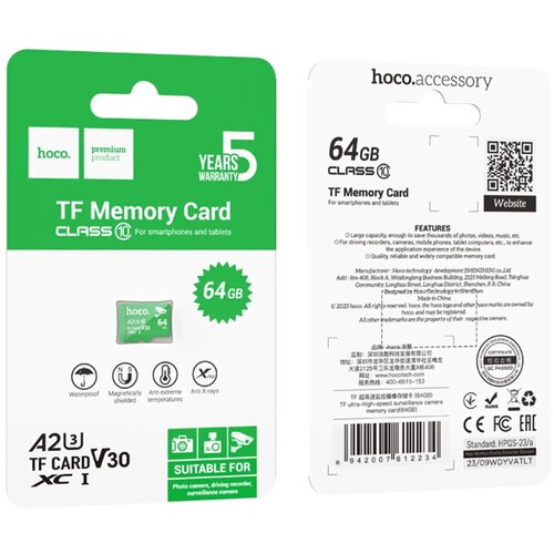 Hoco. microSD 64GB klasa 10 UH-1 U3 V30 A2 Hoco zelena Slike