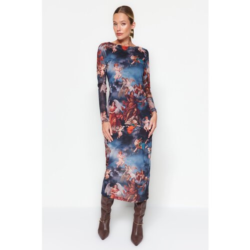 Trendyol Multicolored Bateau Neck Angel Print Lined, Fitted Tulle Midi Knit Dress Slike
