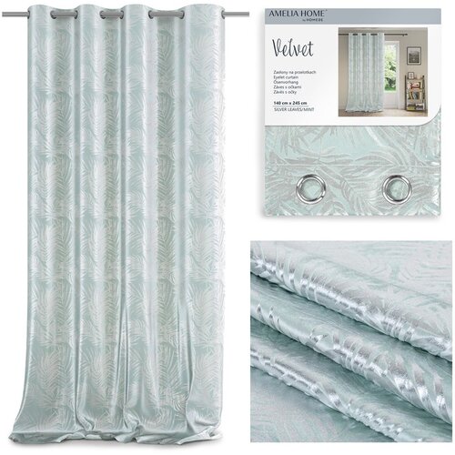  Curtain SILVERLEAVES color mint printed style glamor silver eyelets velvet 140x245 AmeliaHome Slike