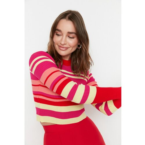Trendyol Red Turtleneck Striped Crop Knitwear Sweater Slike