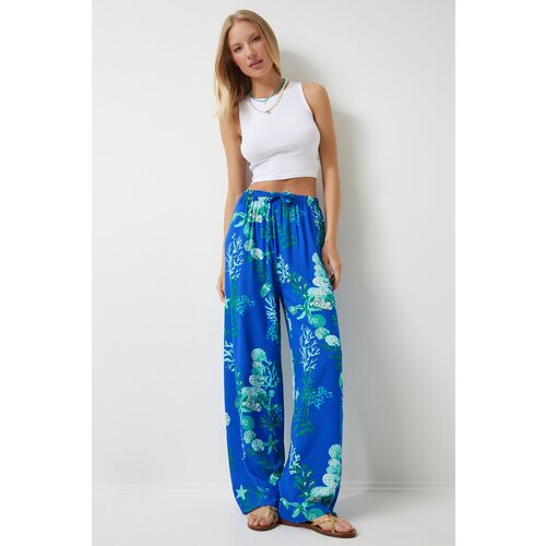 Women's Blue Aqua Green Patterned Loose Viscose Palazzo Trousers Slike